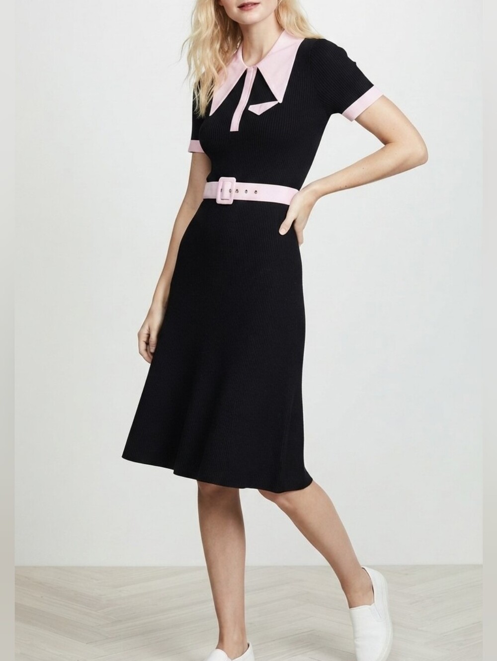 JoosTricot Polo Rib Knit Dress Collared Preppy Black Pink Old Money Sz M Stretch